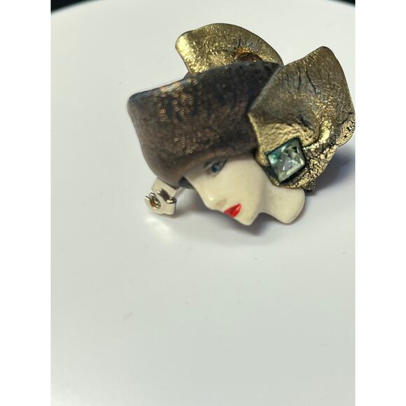 Vintage Artisan Flossie 1992 Art Deco Style Woman's Face Brooch Pin - Picture 5 of 8